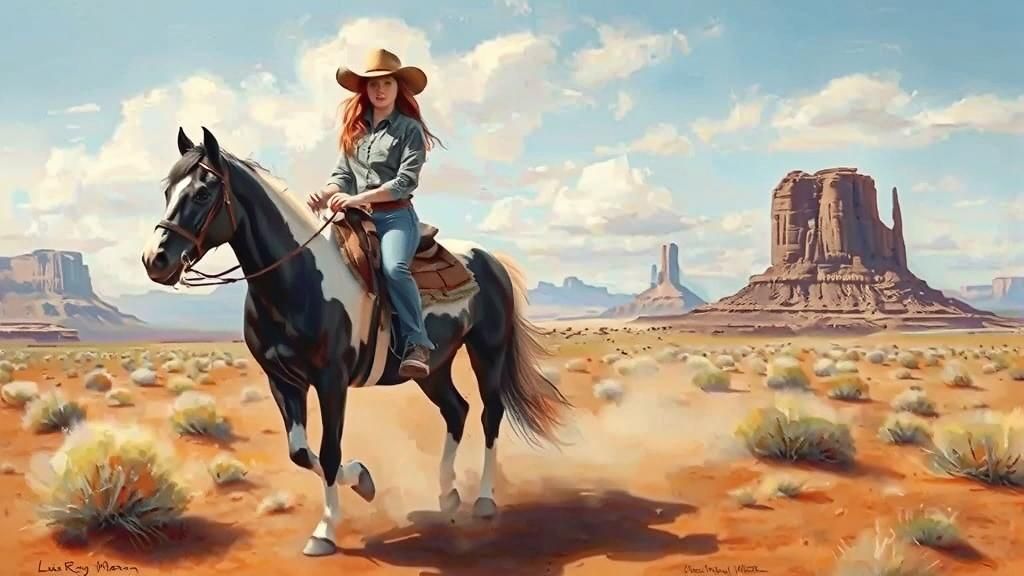 Cowgirl Rides in Monument Valley: Impressionistic Illustrati...