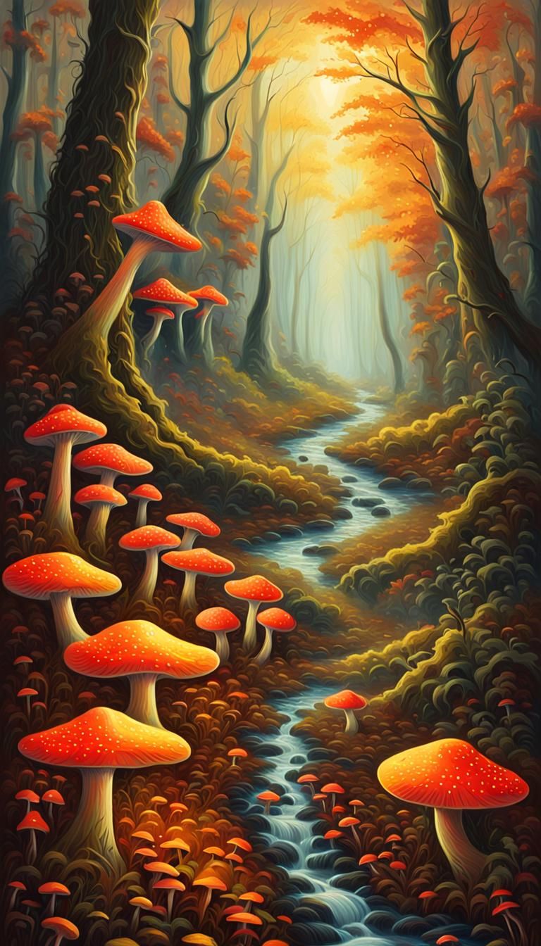 Amazonian Forest Path with Fluorescent Mushrooms