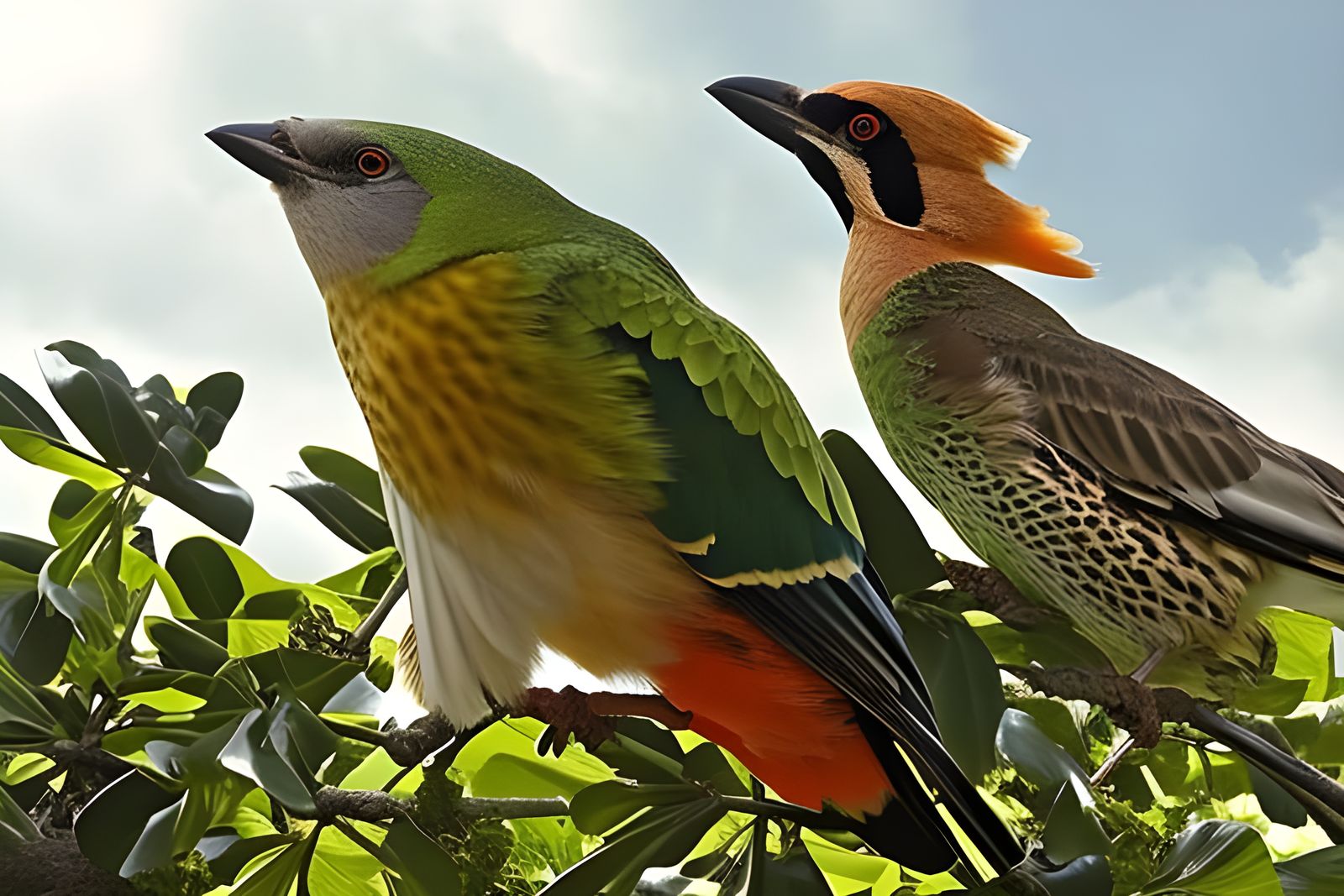 Parrots Swarming a Fruiting Tree: Hyperreal Oil Painting