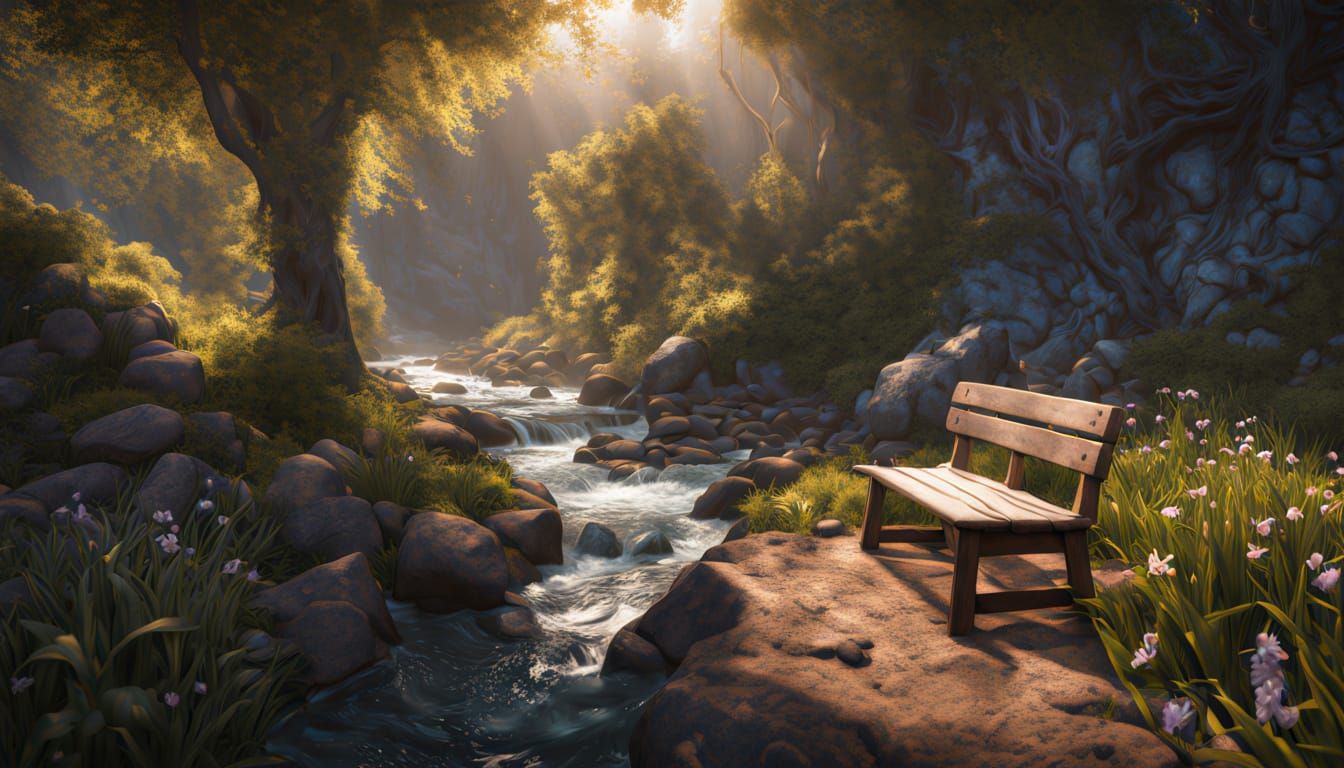Wooden Bench by Stream on Spring Day: Hyperrealistic Digital...