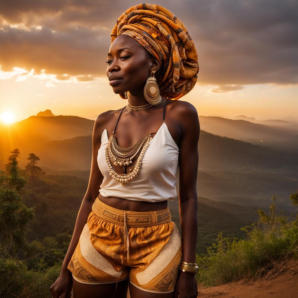 African Lady Sees Mountain Sunrise, Digital Art