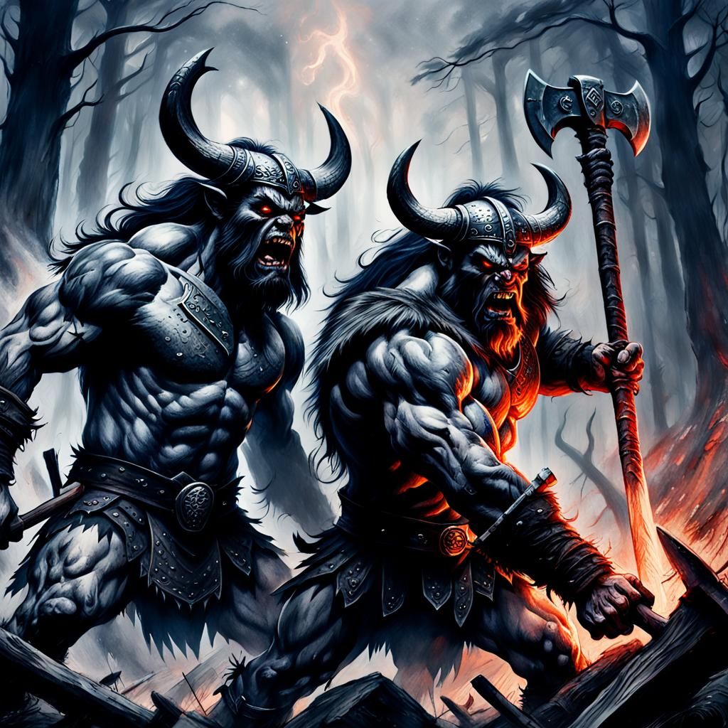 Night Demon and Barbarian Clash in Charcoal Drawing