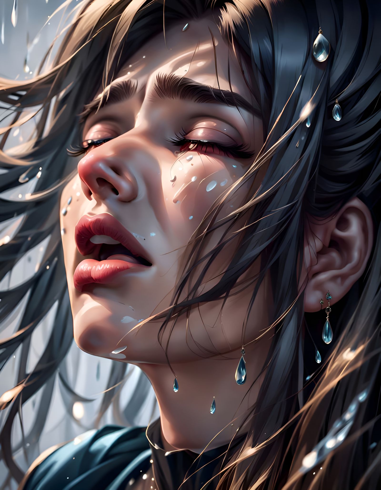 Elegant Woman Crying with Tears Streaming Down Cheeks