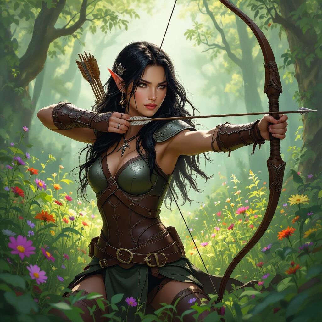 Half-Elf Archer in Lush Forest, Fantasy Art