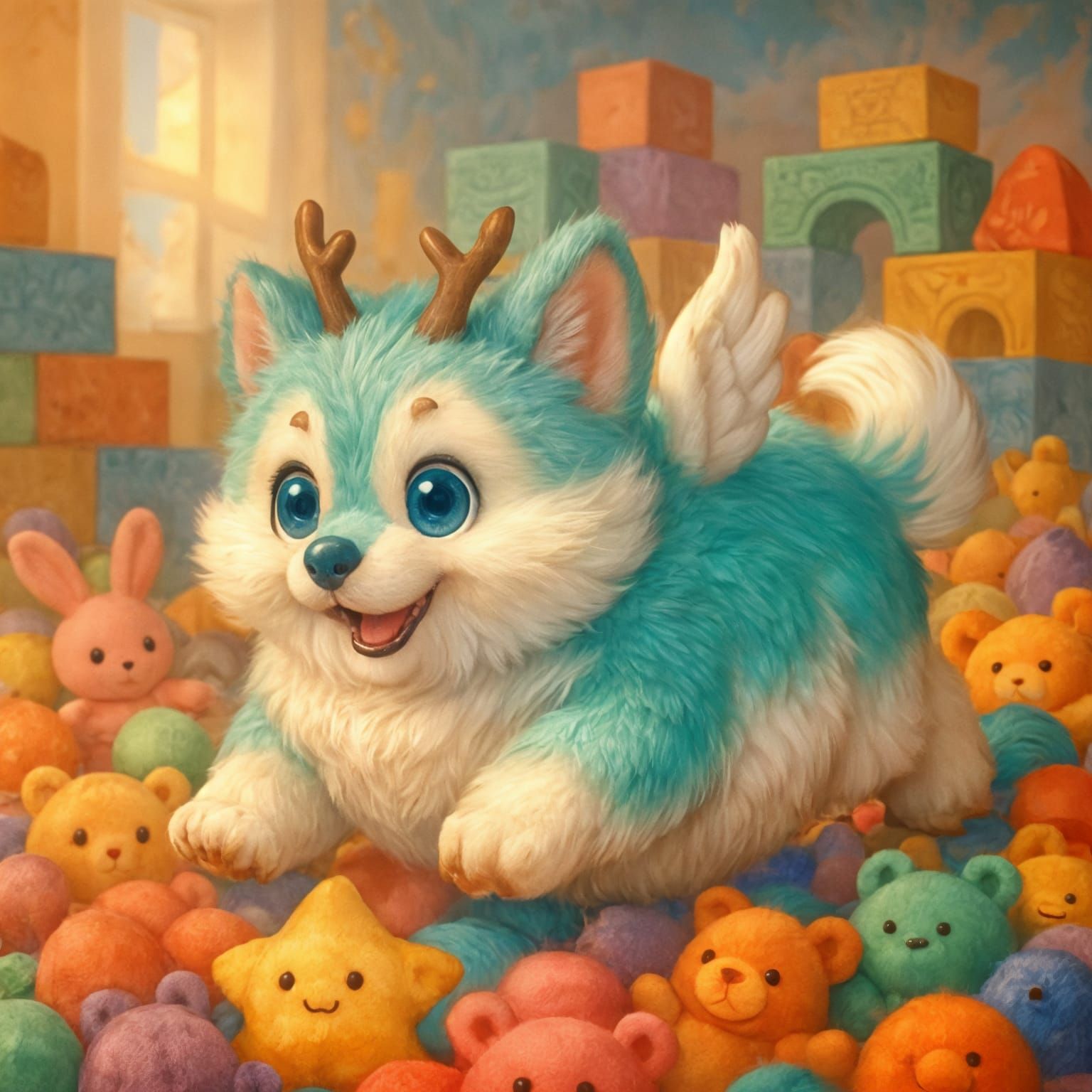 Playful Obese Wolf Cub in Toy Room, Children's Illustration