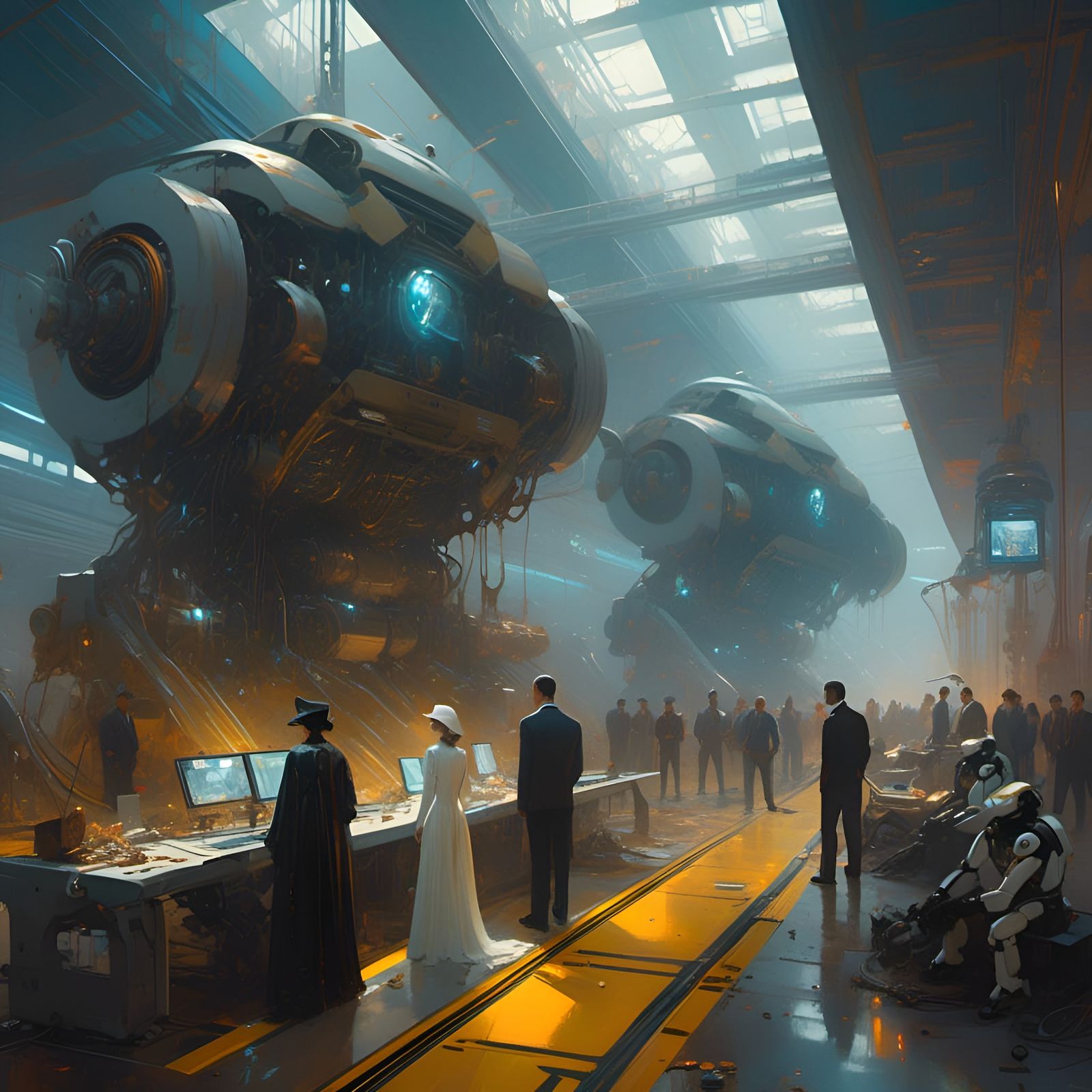 Futuristic Crime Scene at Robotic Assembly Line