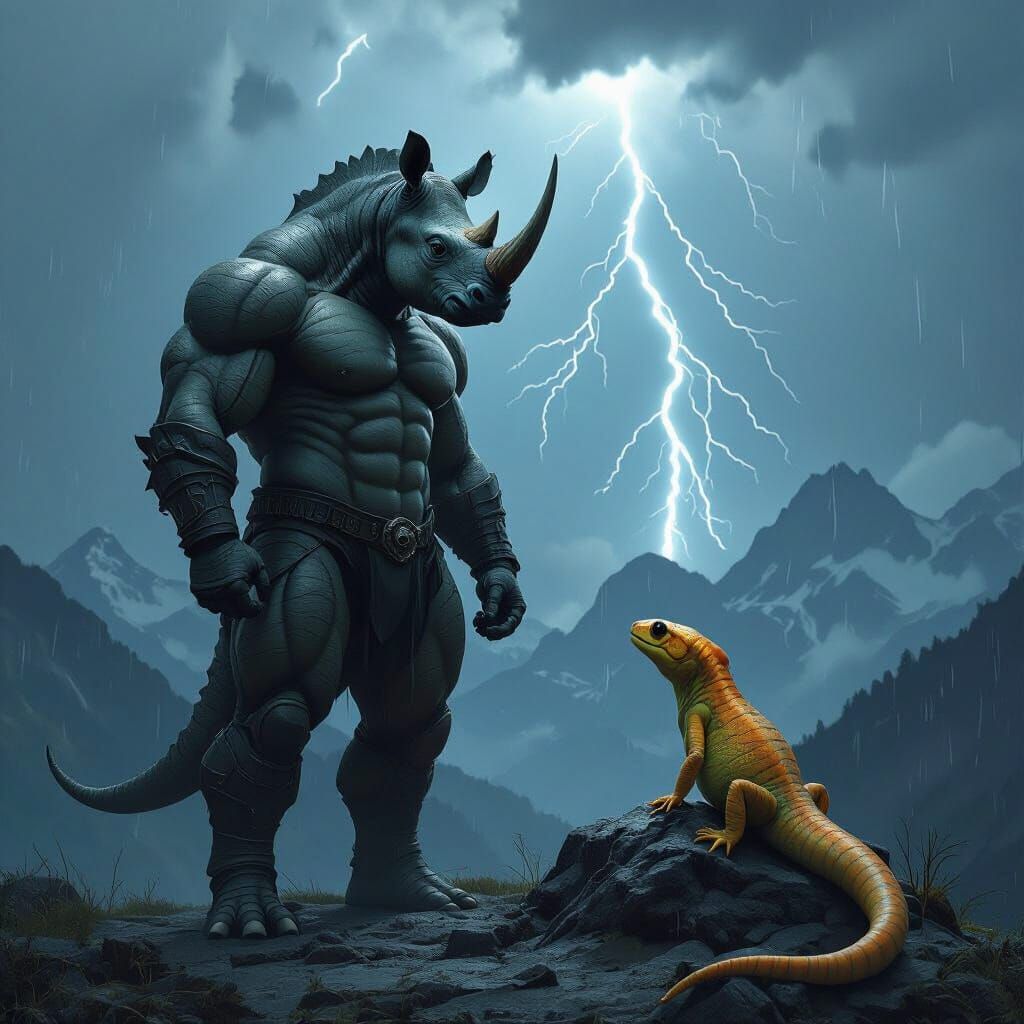 Rhino and Salamander Under a Thunderstorm