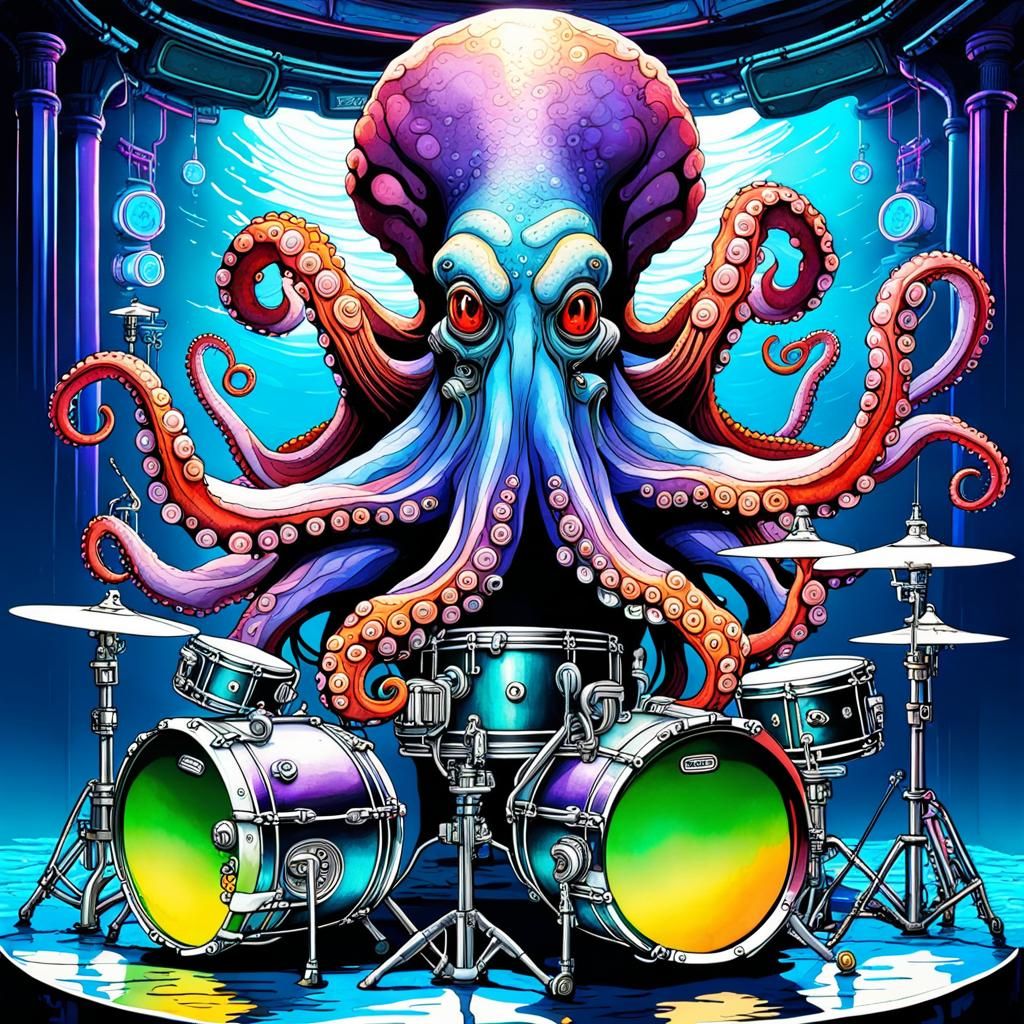 Cyberpunk Octopus Plays Drums Undersea