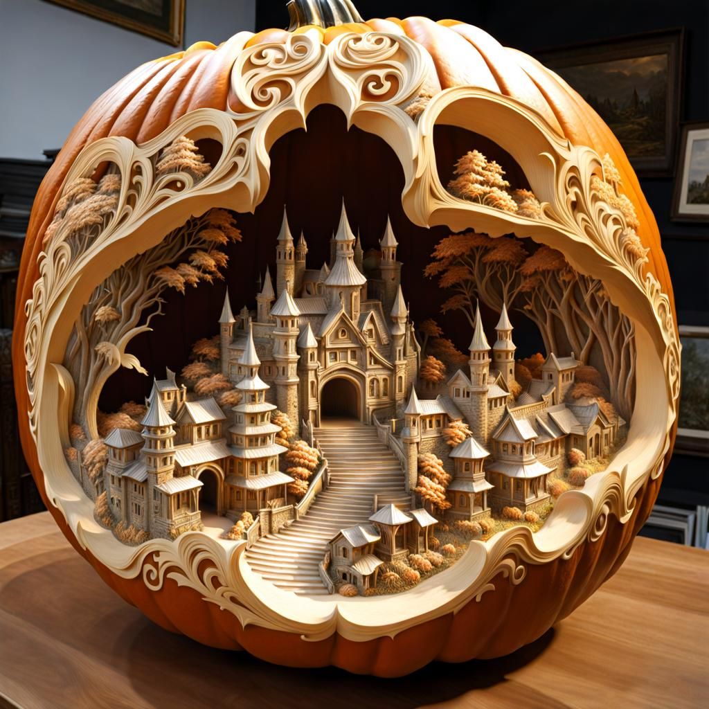 Intricate Pumpkin Carving of a Hellscape in 3D