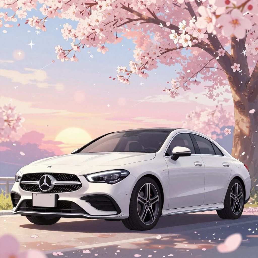 Mercedes CLA 250 Under Cherry Blossoms in Manga Style