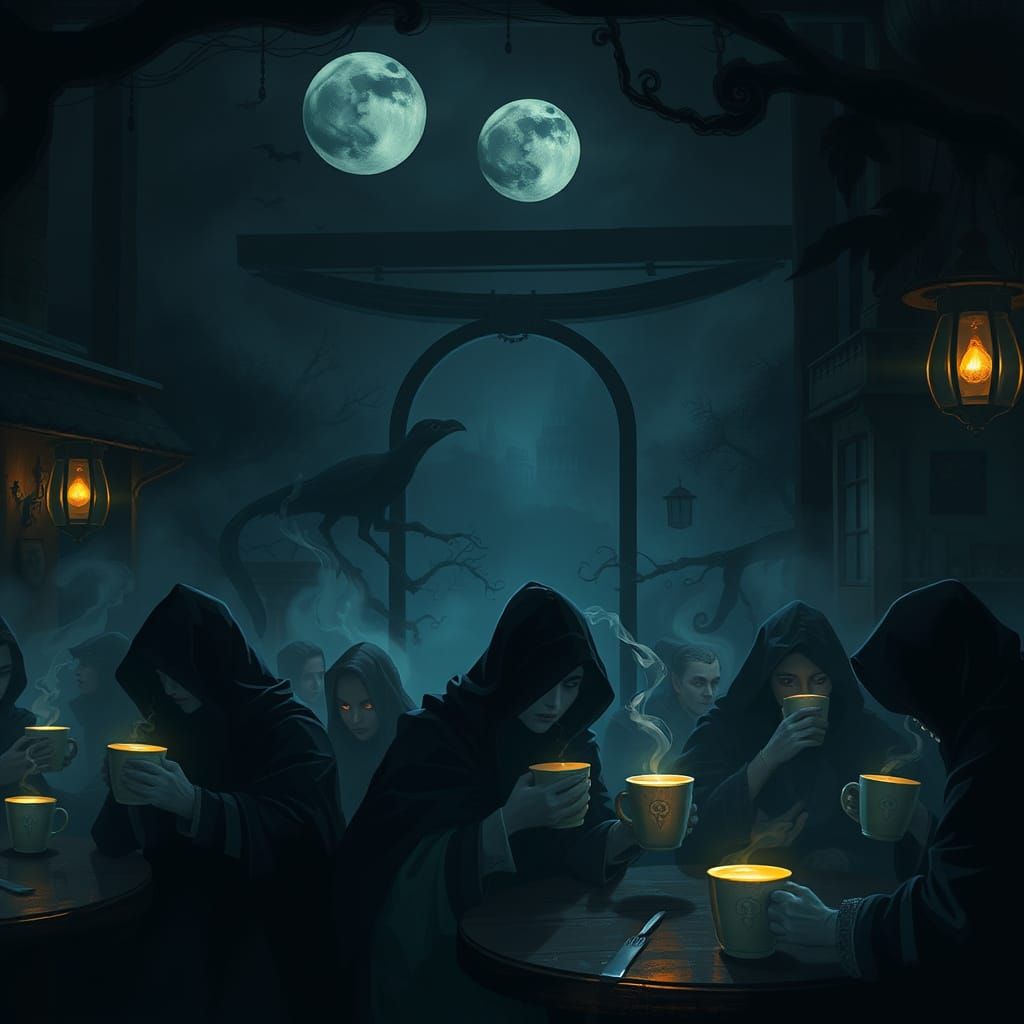 Gothic Coffeehouse with Ghostly Steam and Cloaked Patrons