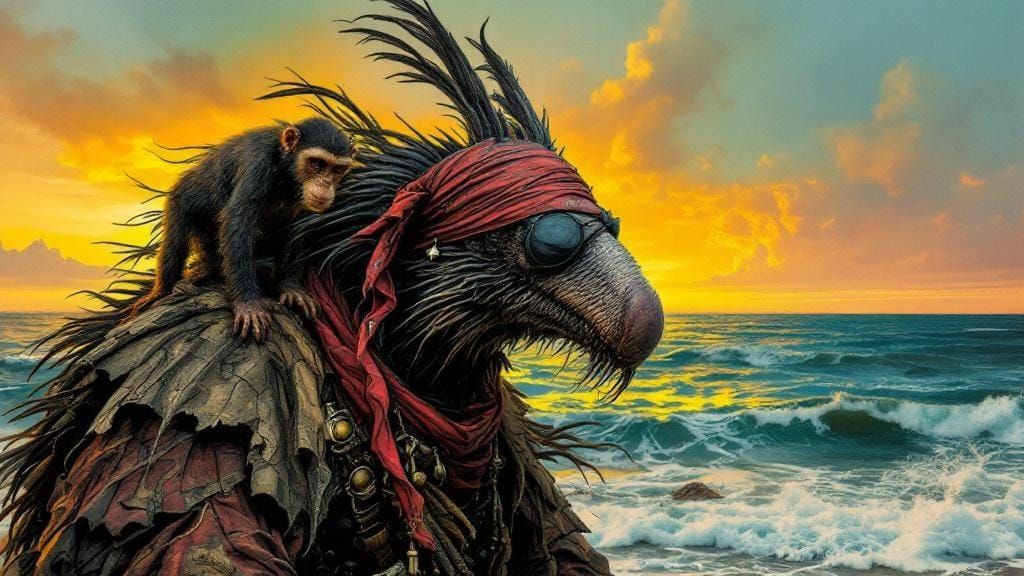 Anteater Pirate and Monkey in Surrealist Style