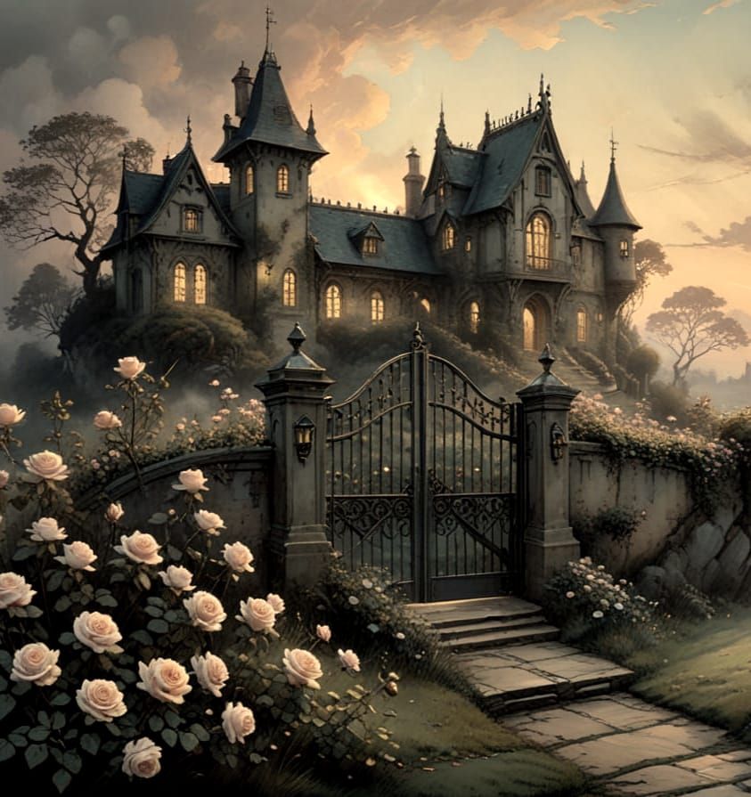Surreal Watercolor Fantasy Mansion