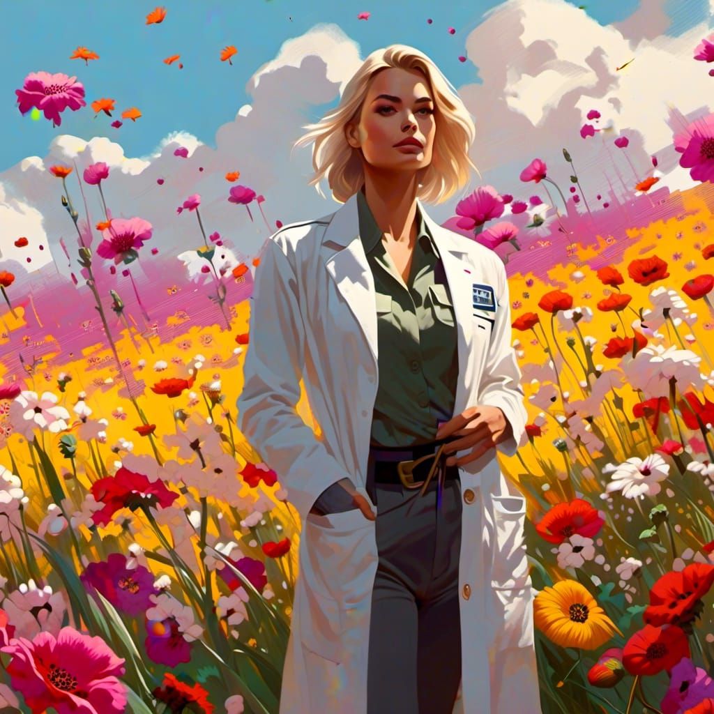 Woman in Lab Coat Among Flowers, Digital Art