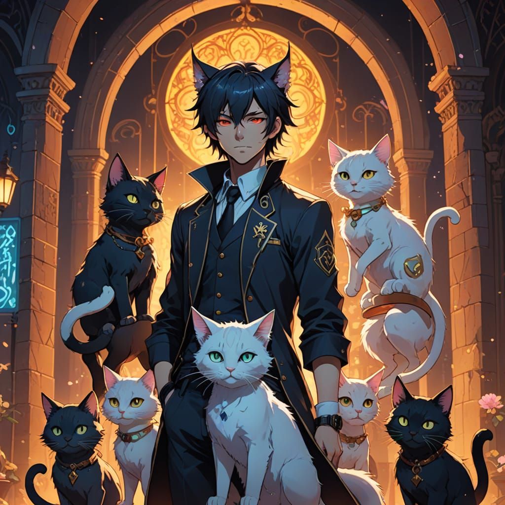 Arch Daemon Hexx and Kawaii Cat Girls in Anime Style