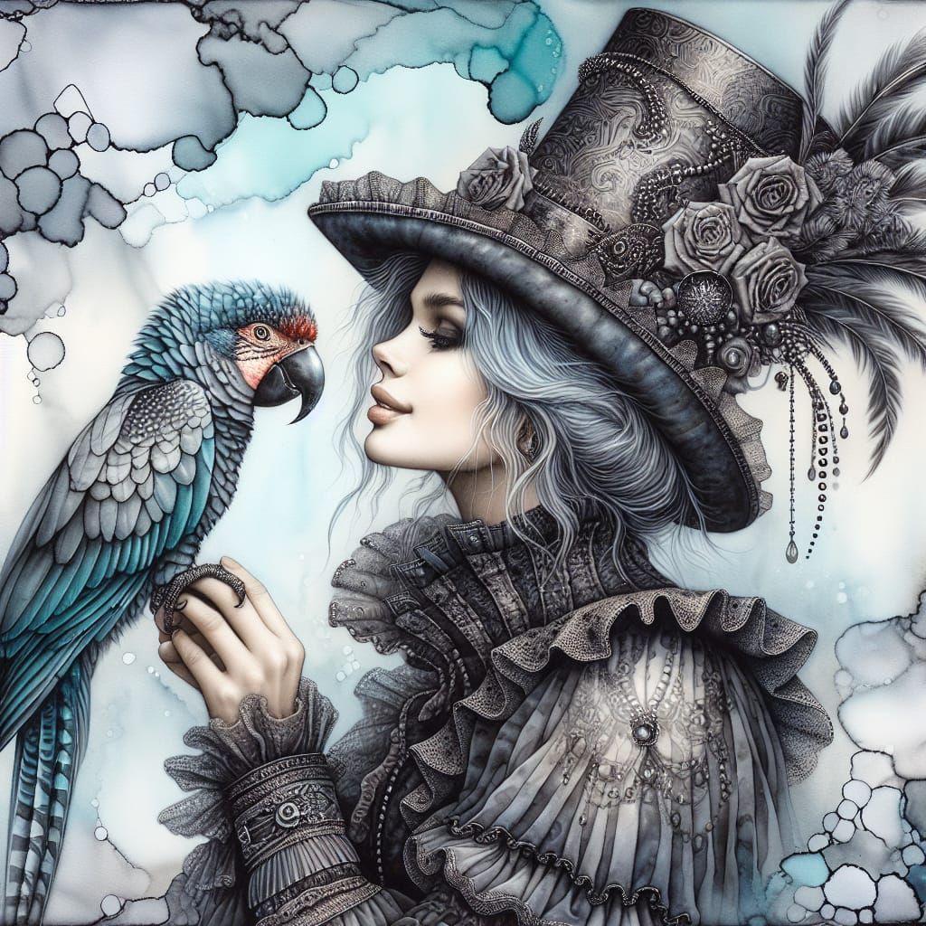 Whimsical Bohemian Woman in Gothic Top Hat with Parrot