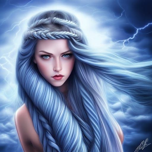 Blue-Haired Woman in Stormy Ocean, Hyperrealistic Style