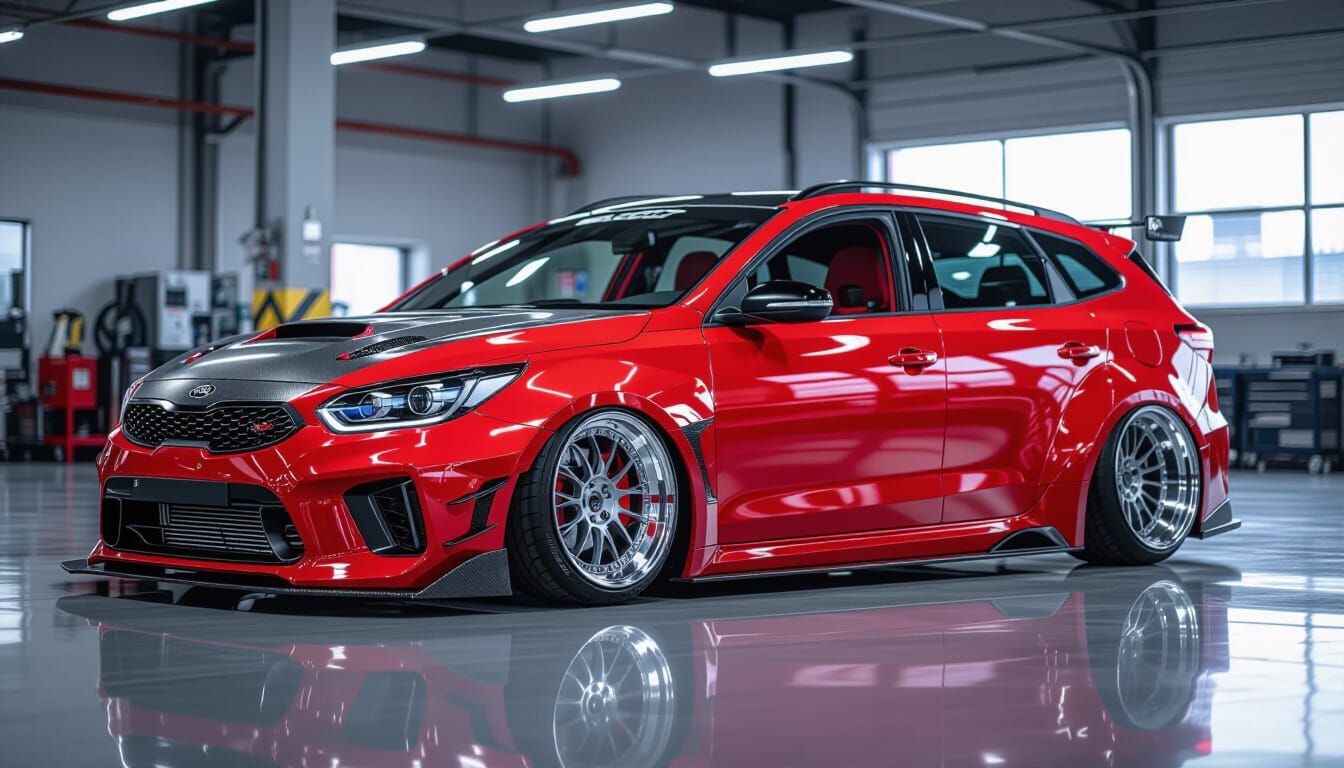 Tuned Red 2008 KIA Ceed Stationwagon with Wide Body Kit