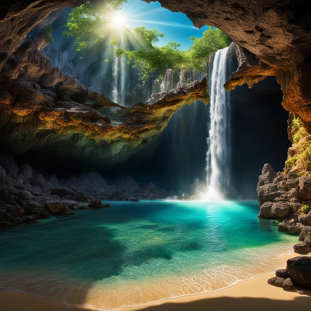 Yucatan Beach Cave with Waterfall and Rainbow