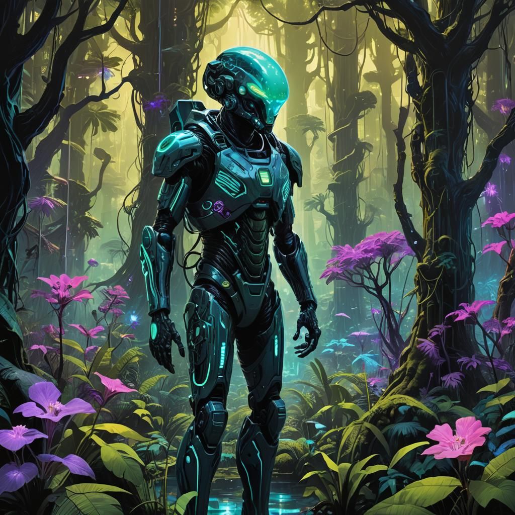 Bioluminescent Alien Jungle in Retrofuturism Style