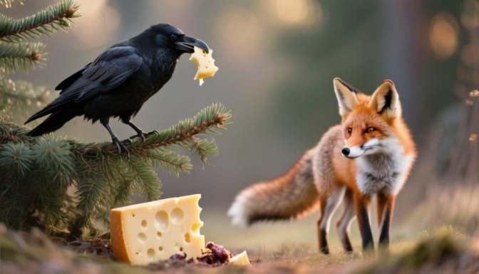 Crow with Cheese on Tree, Watched by Fox