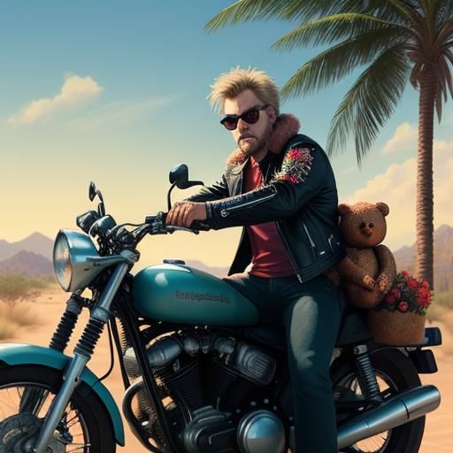 Teddy Bear on Motorbike in Desert, Pixar-Inspired
