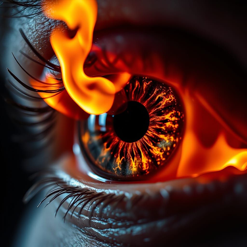 Fiery Eye Macro Photograph in Hyper-Realistic Style