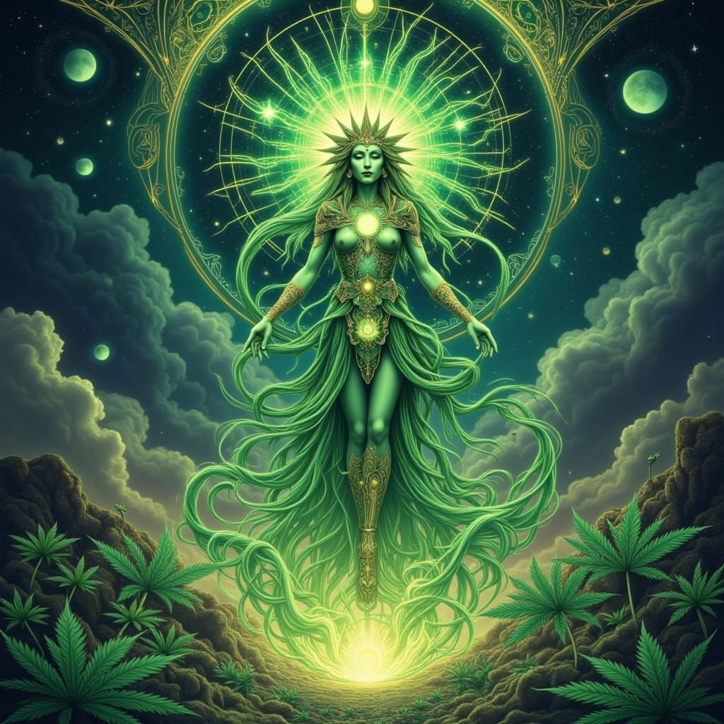 Ethereal Cannabis Spirit in Psychedelic Art Nouveau Style