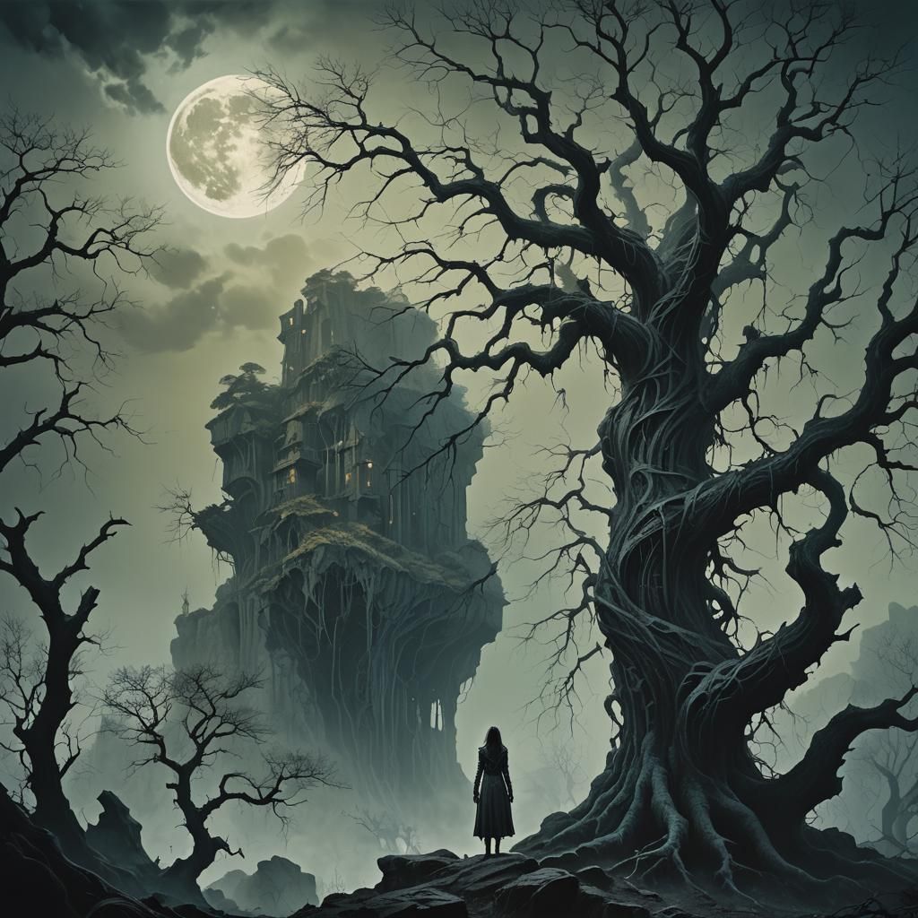 Dystopian Biomechanical Woman Under Moonlight