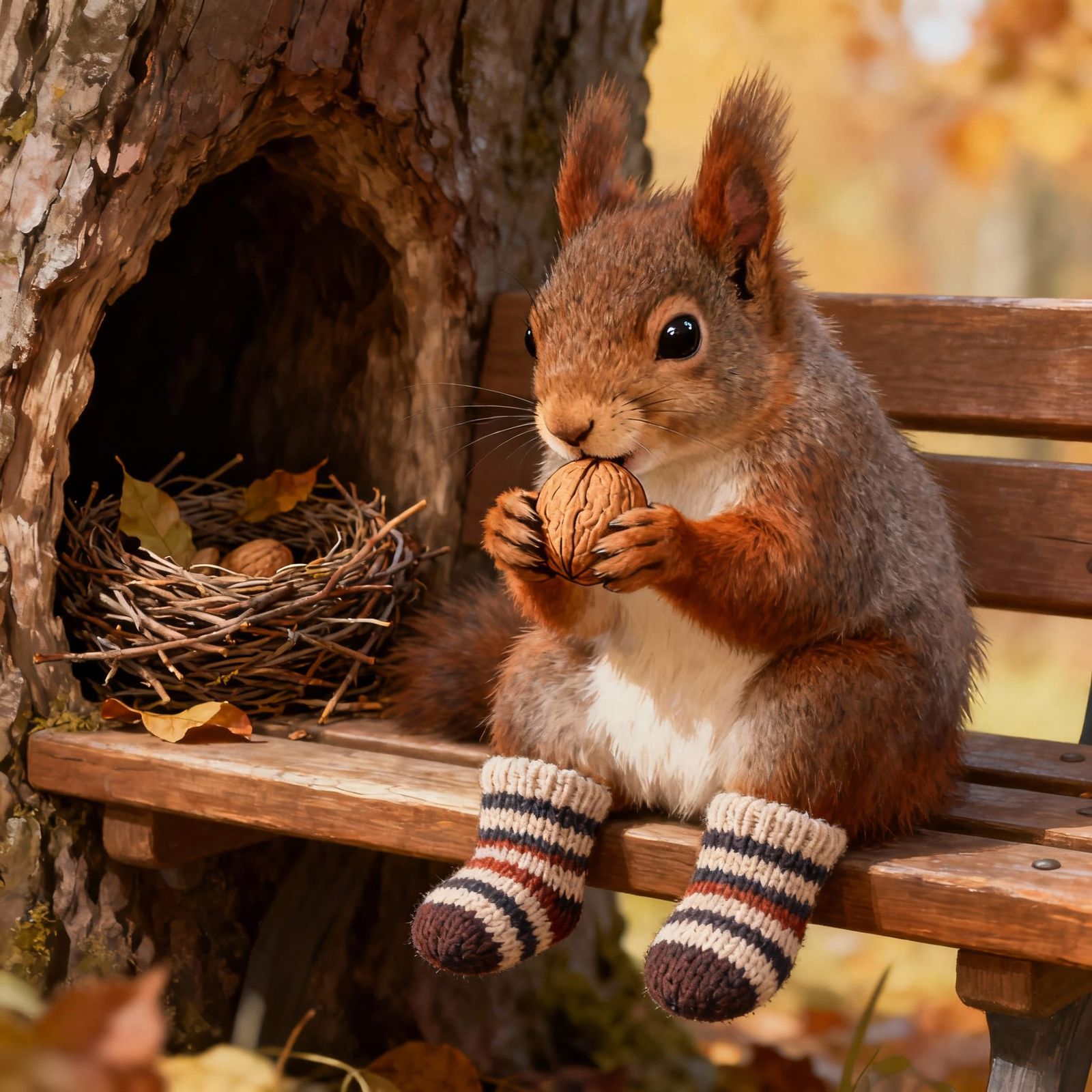 Squirrel Wearing Socks Nibbles Nut on Bench