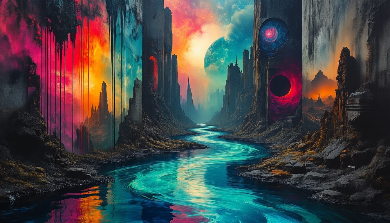 Surreal Graffiti River in Daguerreotype Style