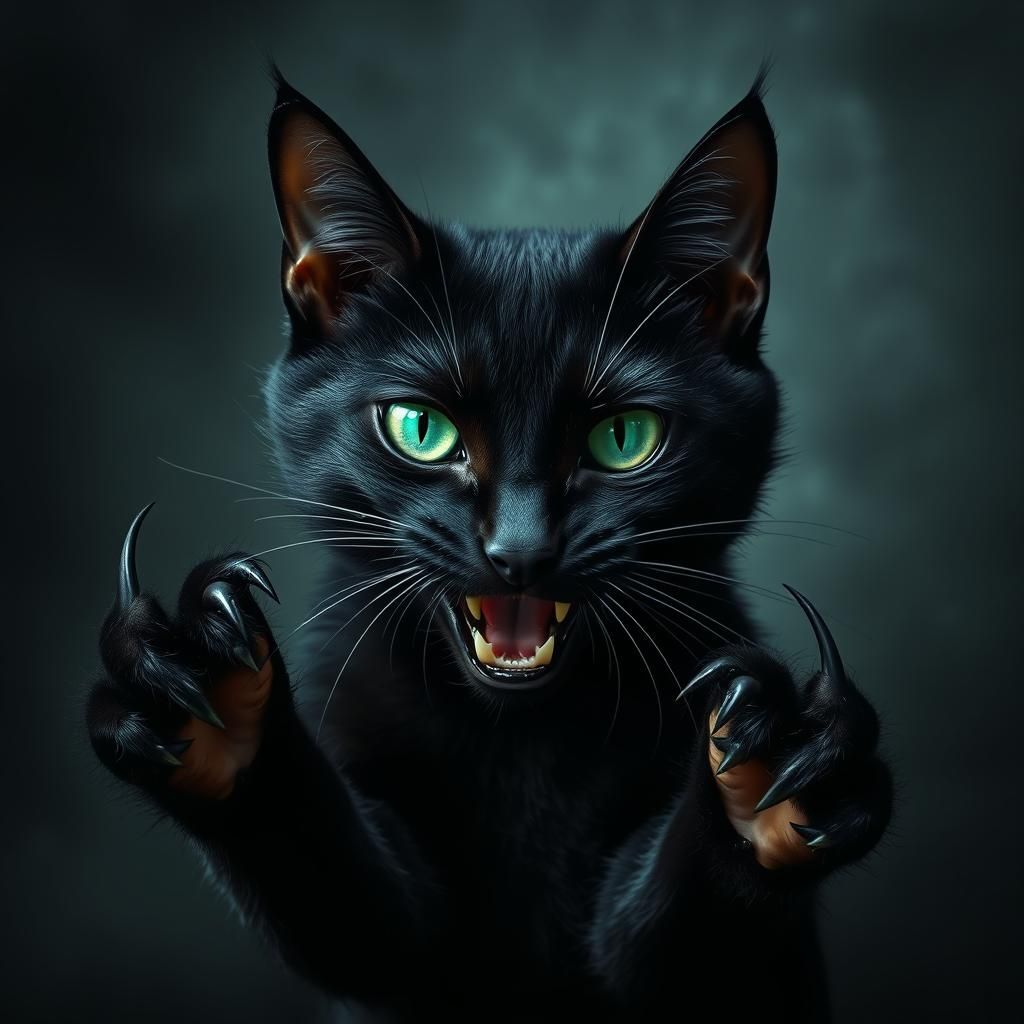 Eerie Black Cat Hissing in Dark Mystical Atmosphere