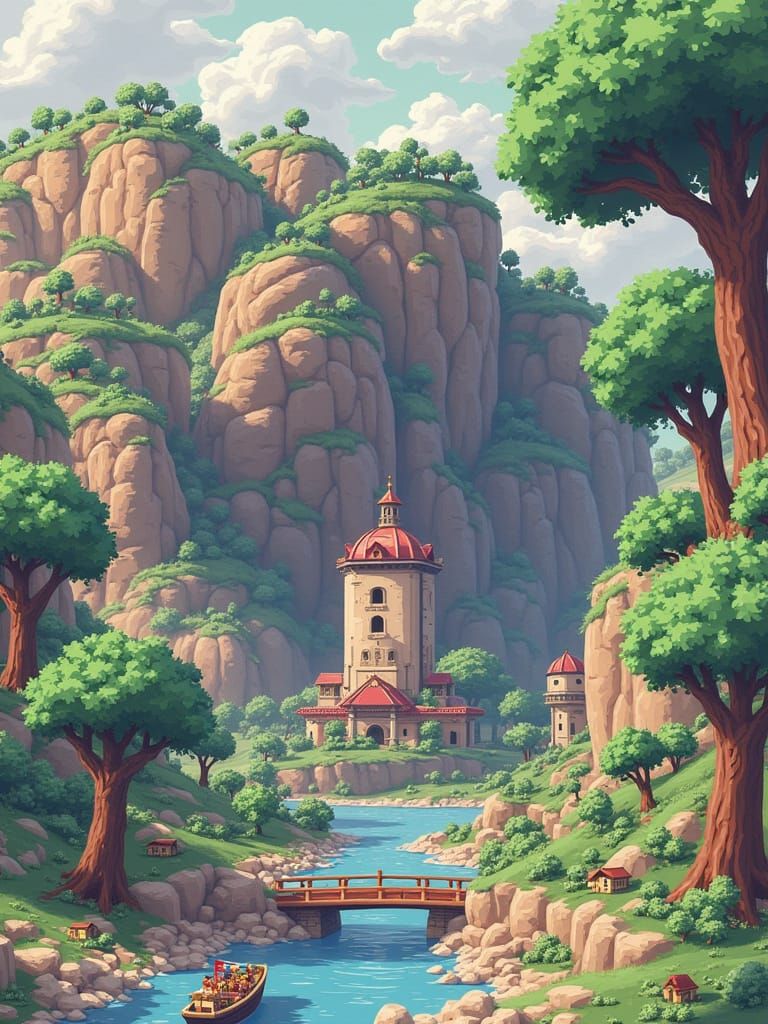 Vibrant Lego Landscape with Rolling Hills and Towering Trees