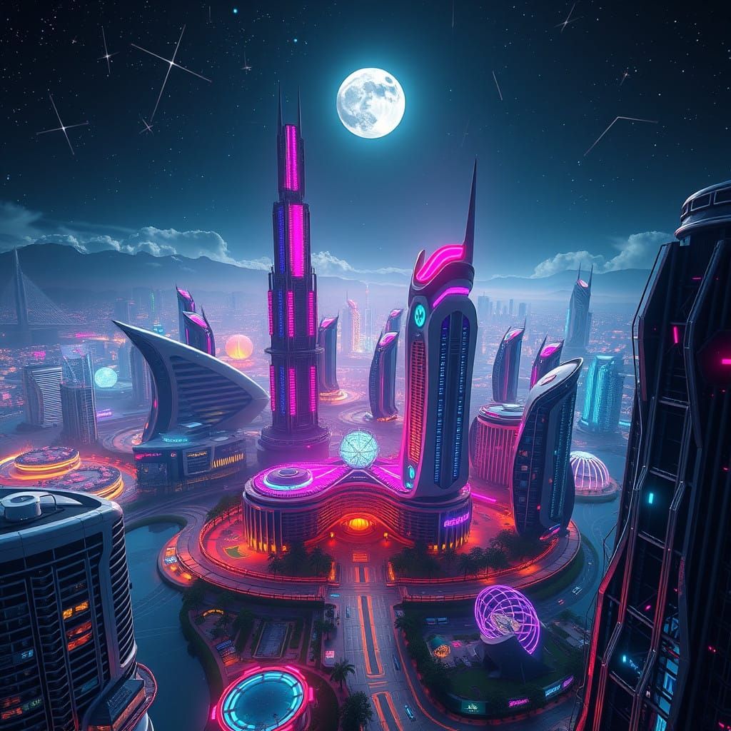Cyberpunk Dreamscape: Futuristic Park at Dusk