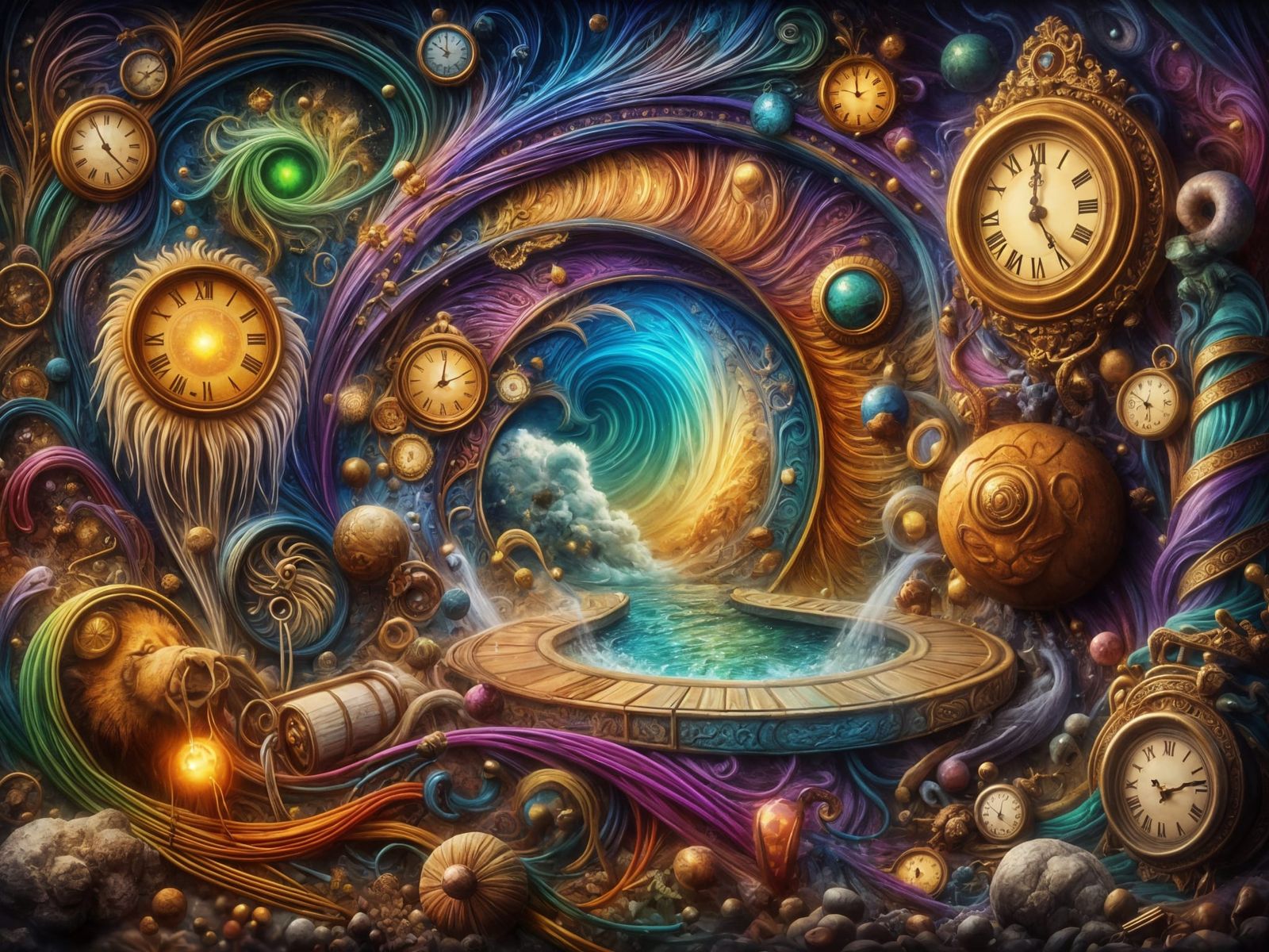 Whimsical Lion in Vibrant Fantasy Clockscape