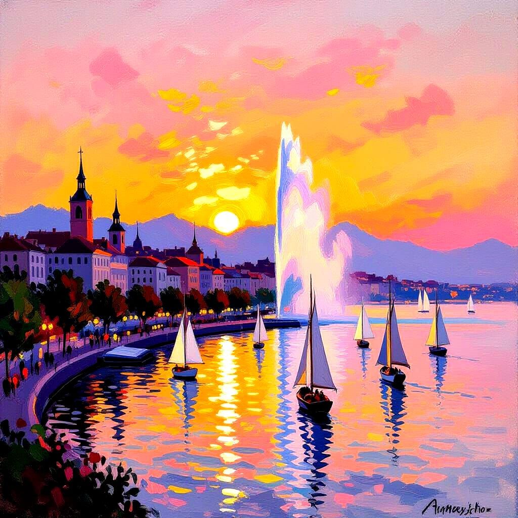 Impressionist Geneva Sunset Over Lake Leman