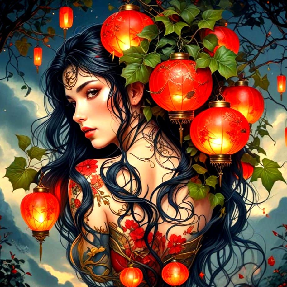 Enchanting Woman Amidst Luminous Stormy Night