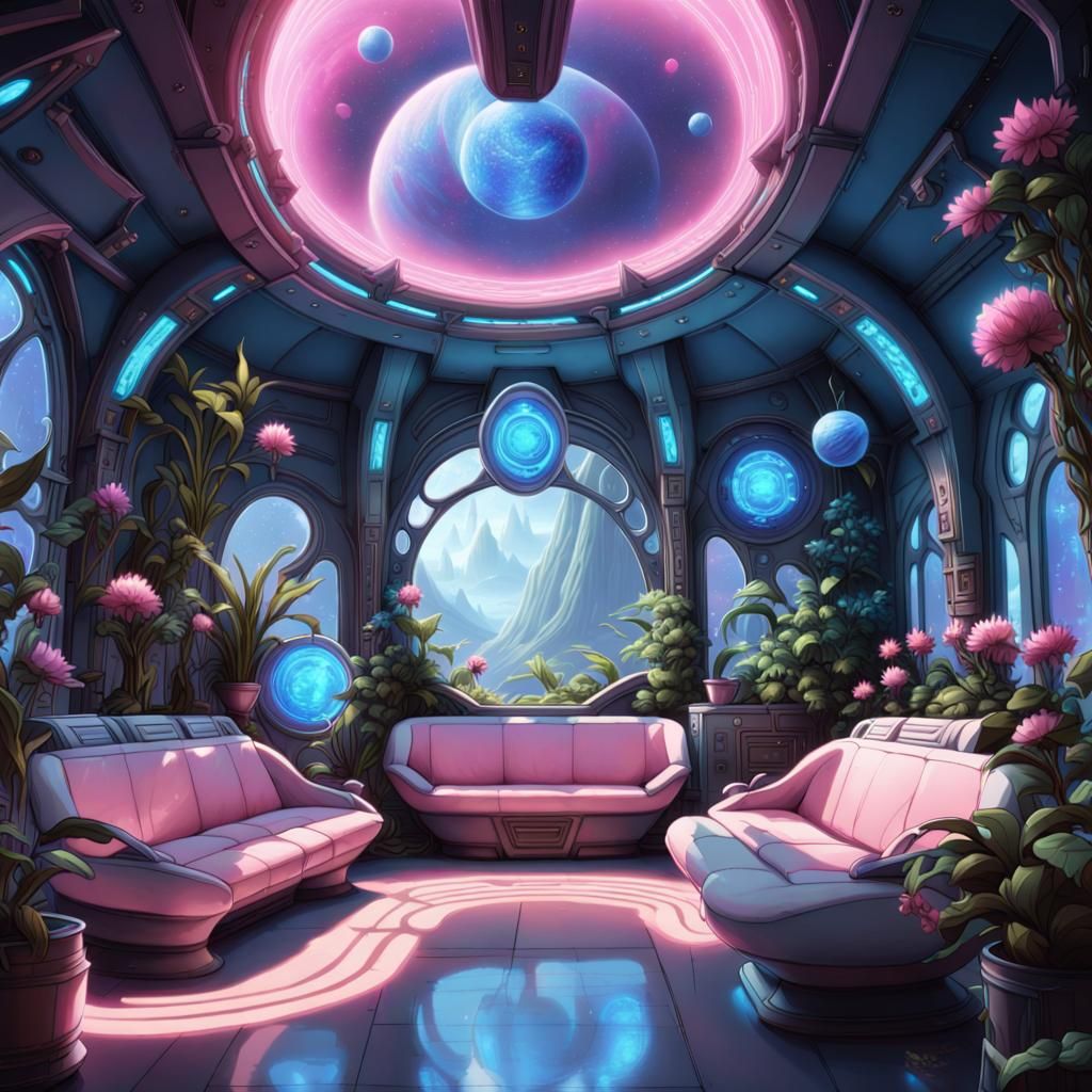 Cozy Spaceship Interior with Elven Scientists, in Leyendecke...