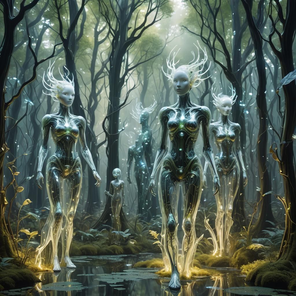 Ethereal Figures in a Biometric Glass Forest