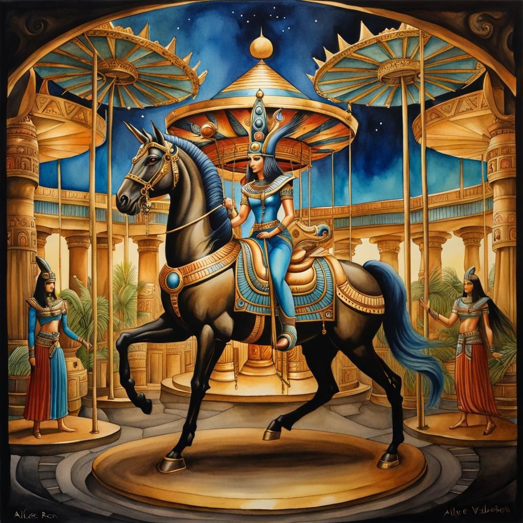 Anunnaki Deity on Egyptian Carousel in Watercolor