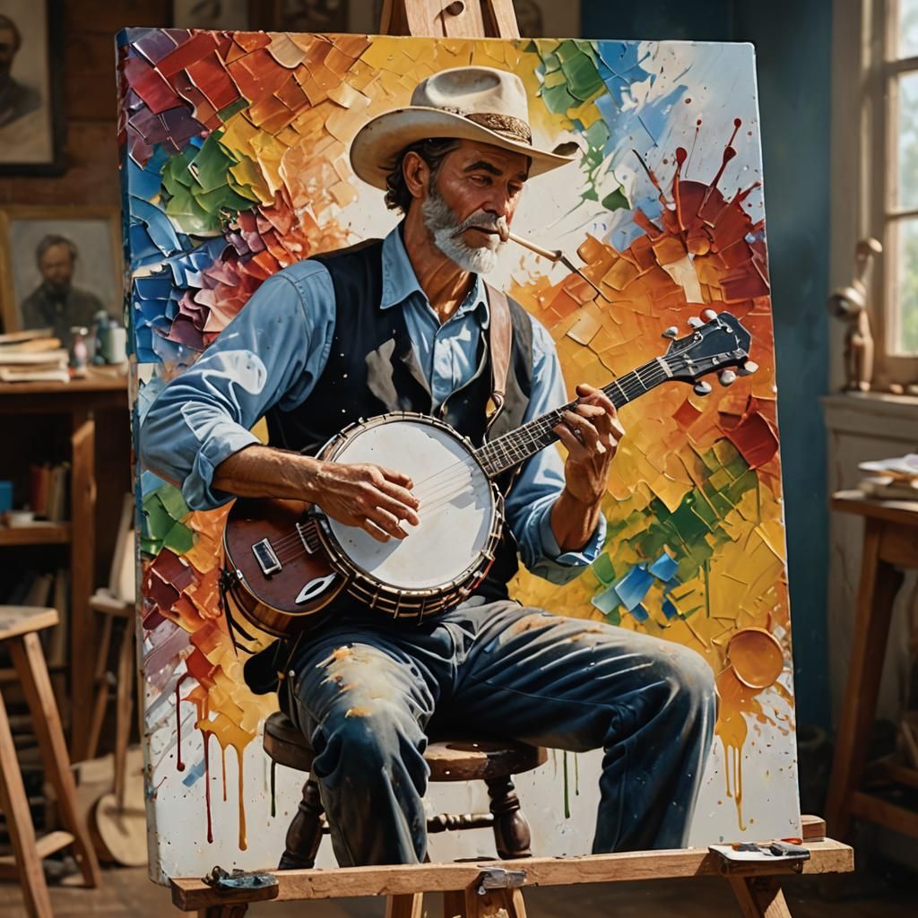 Hyperrealistic Painting of Banjo Player on Canvas