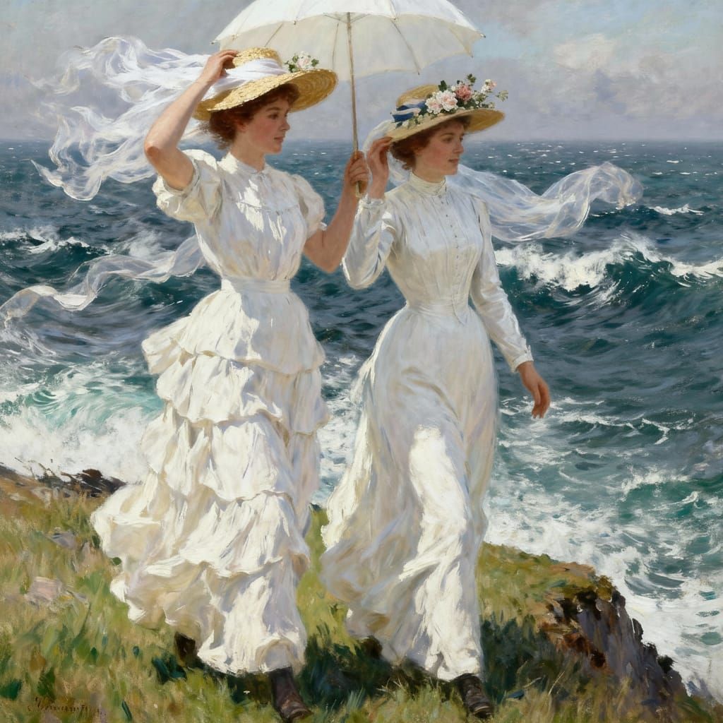 Impressionist Painting of Women on a Windy Cliff