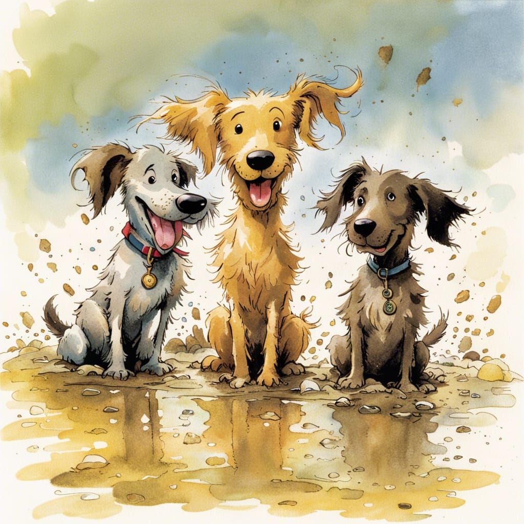 Dogs Playing in Mud, Illustrative Style
