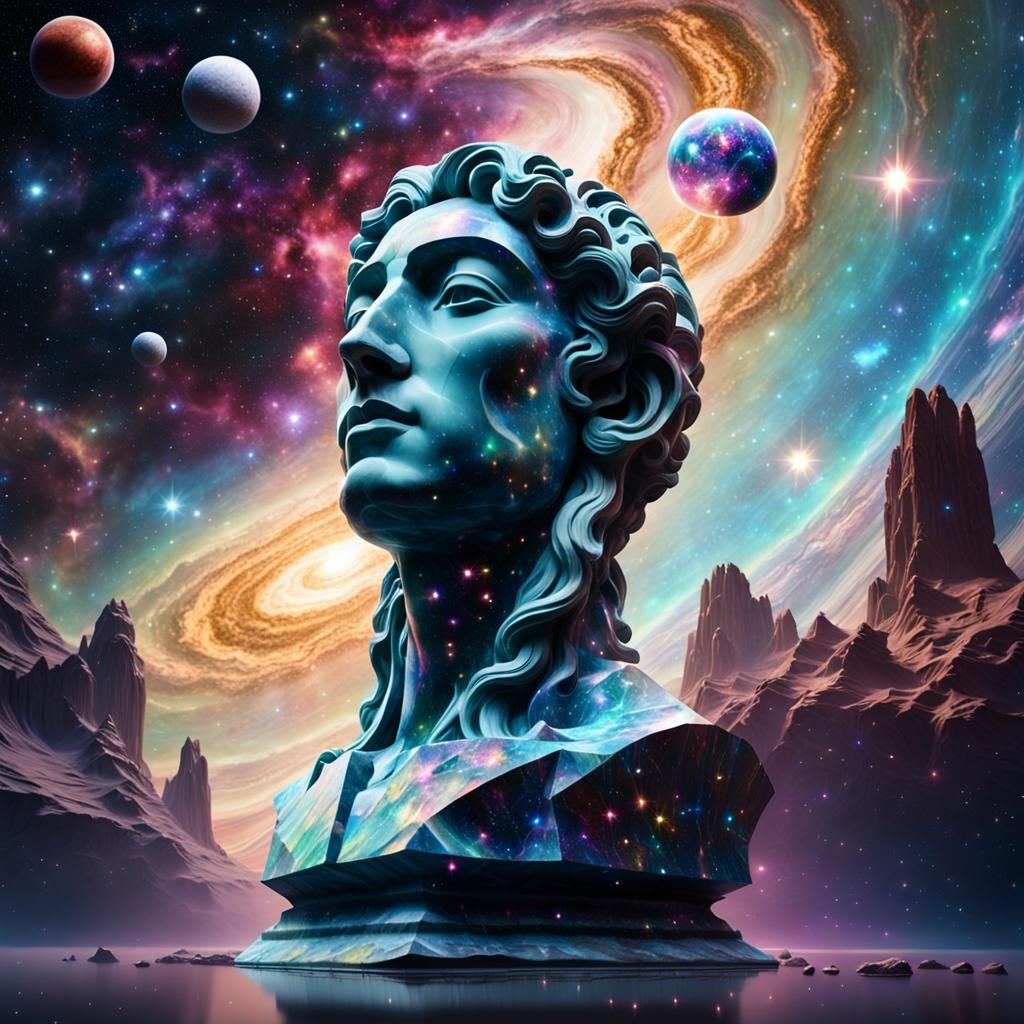 Marble Statue Floating in Colorful Dreamscape Galaxy