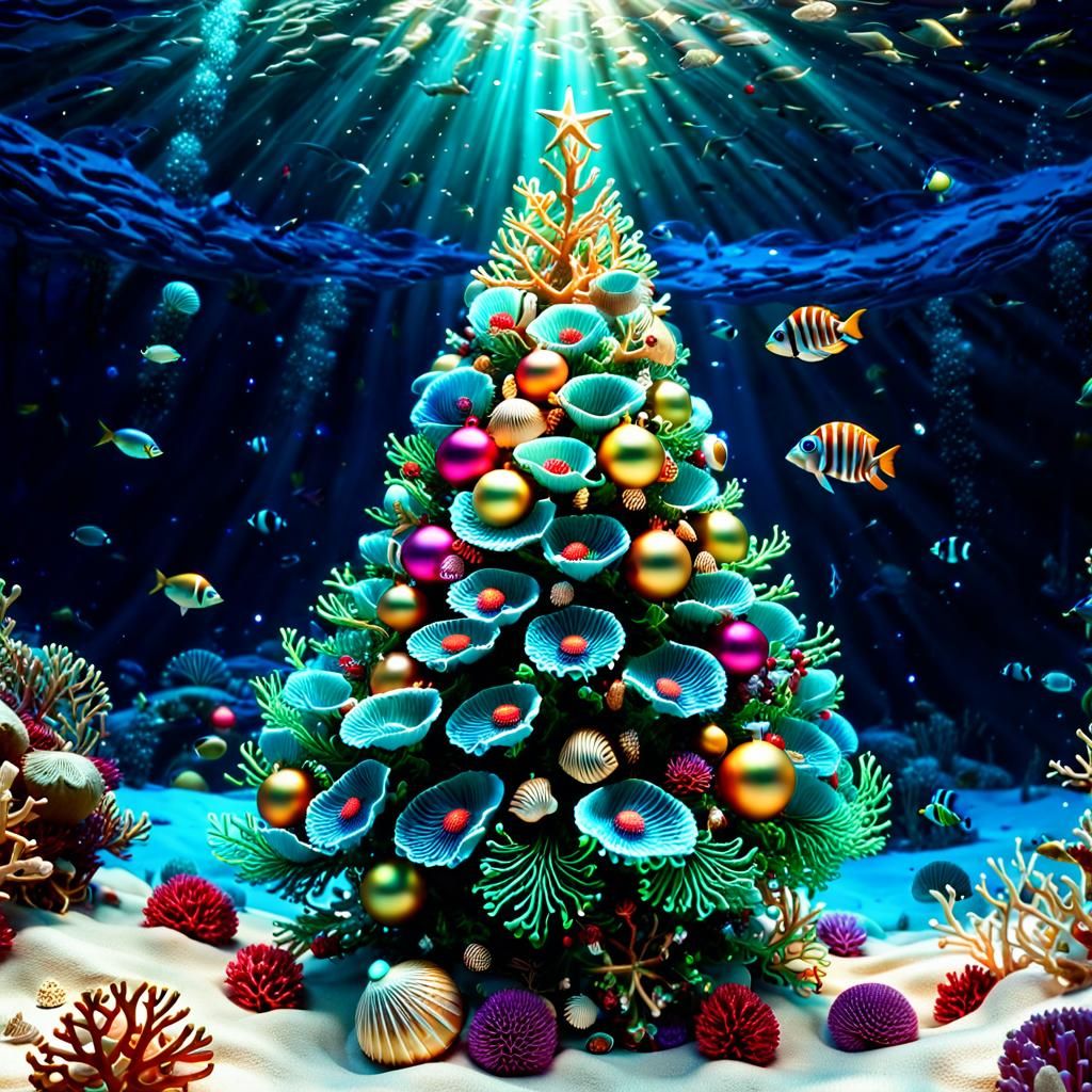 Underwater Coral Christmas Tree with Bioluminescent Fish