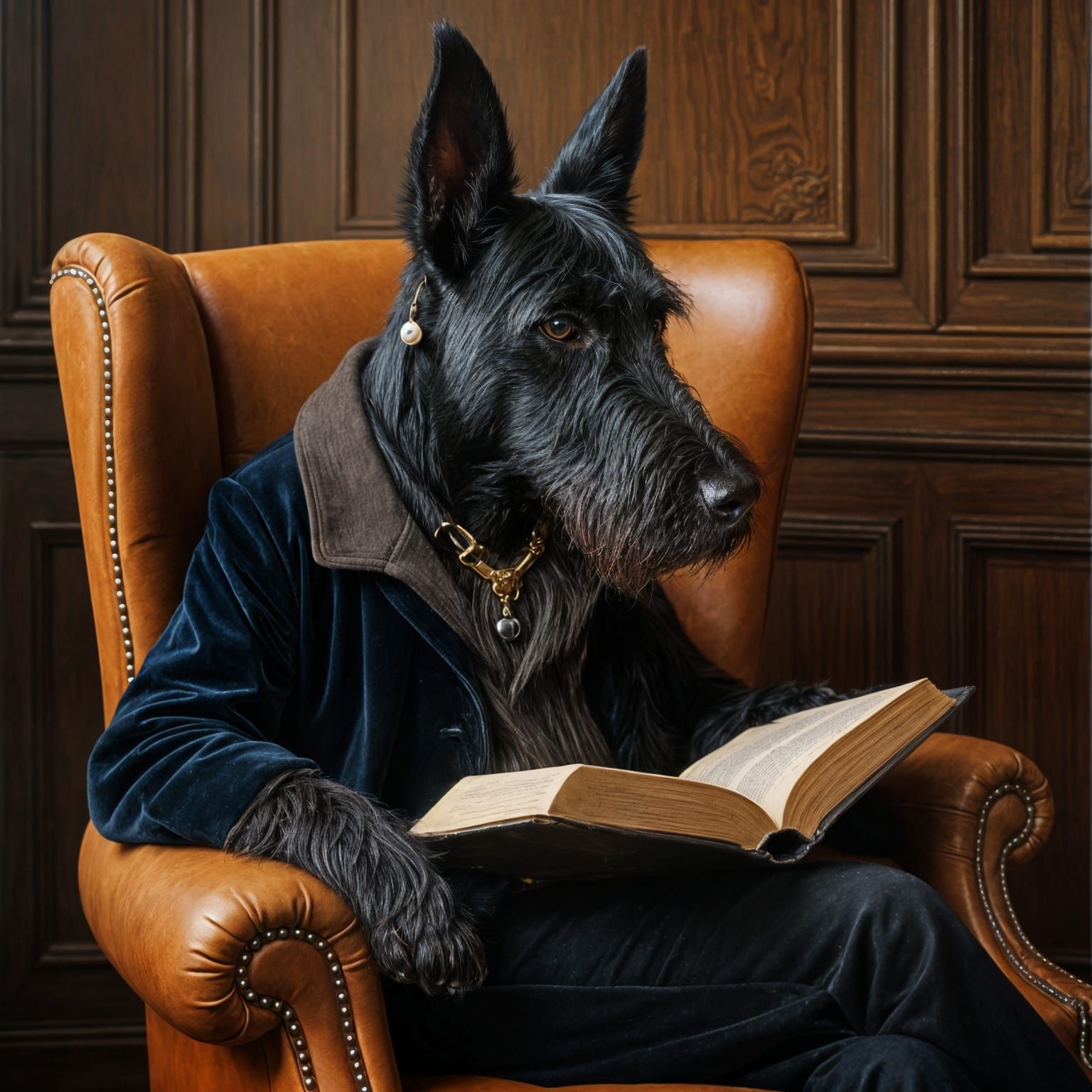 Elegant Scottish Terrier in Velvet Smoking Jacket Reads Leat...