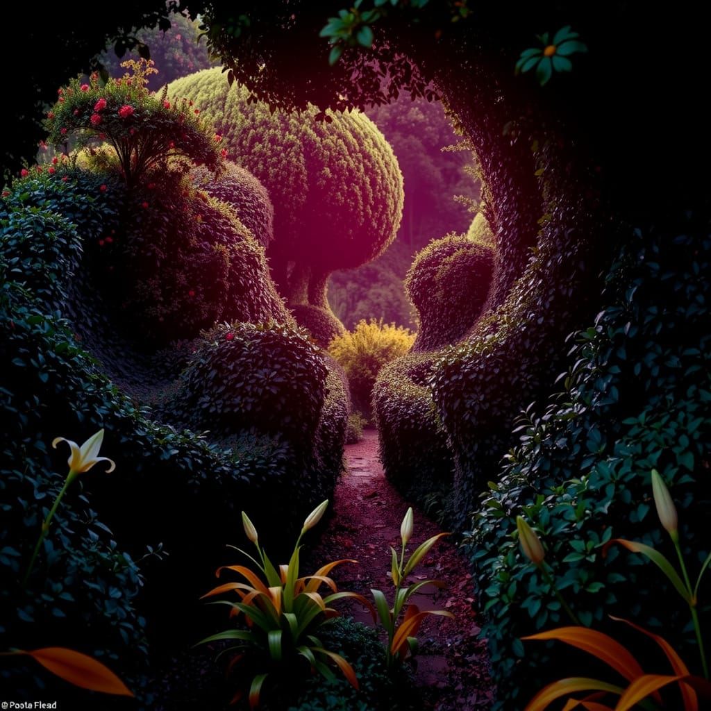 Overgrown Garden Path Maze with Lilies in Photorealistic Sty...