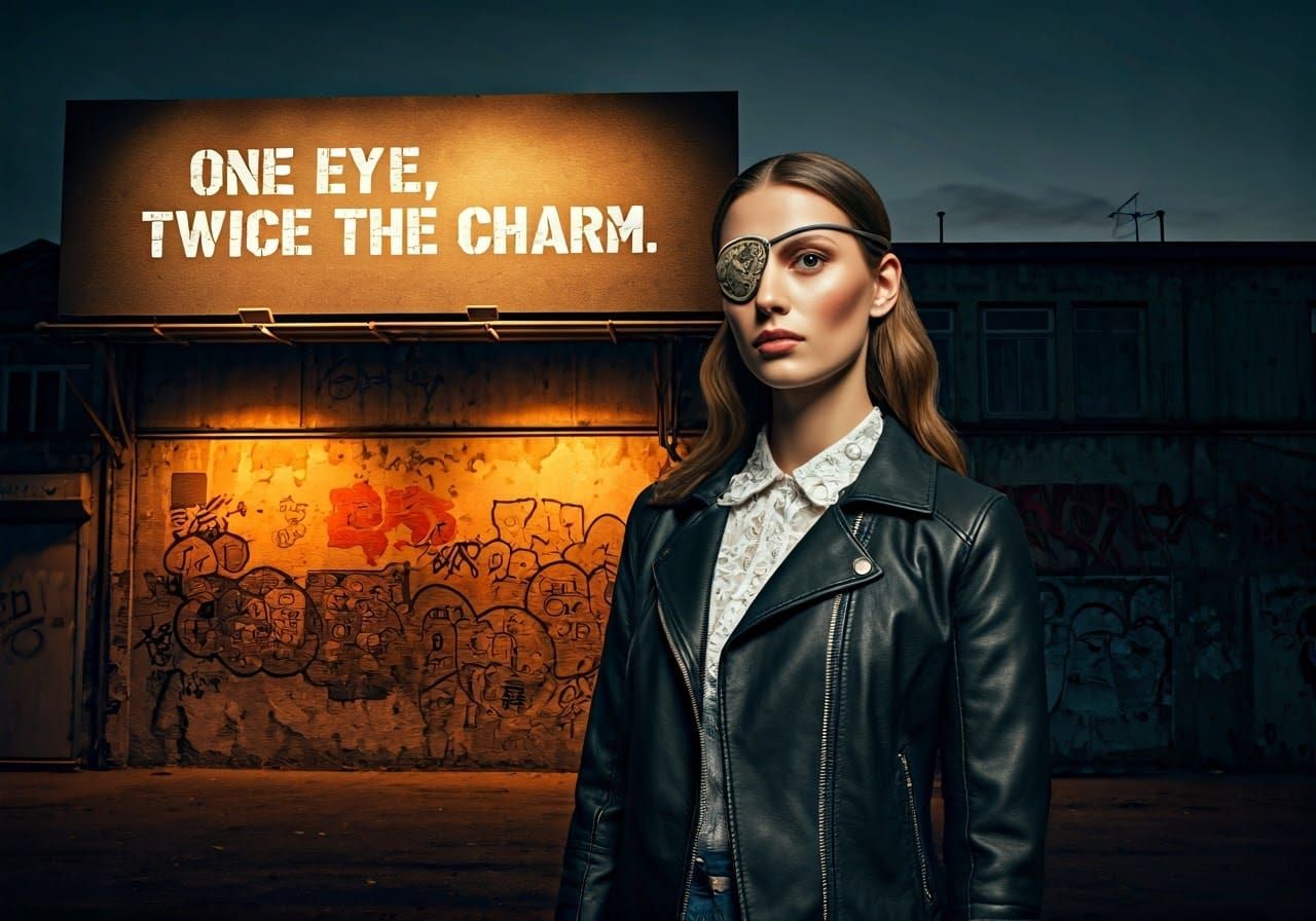 Elegant Woman in Mysterious Eyepatch, Illuminated by City Bi...