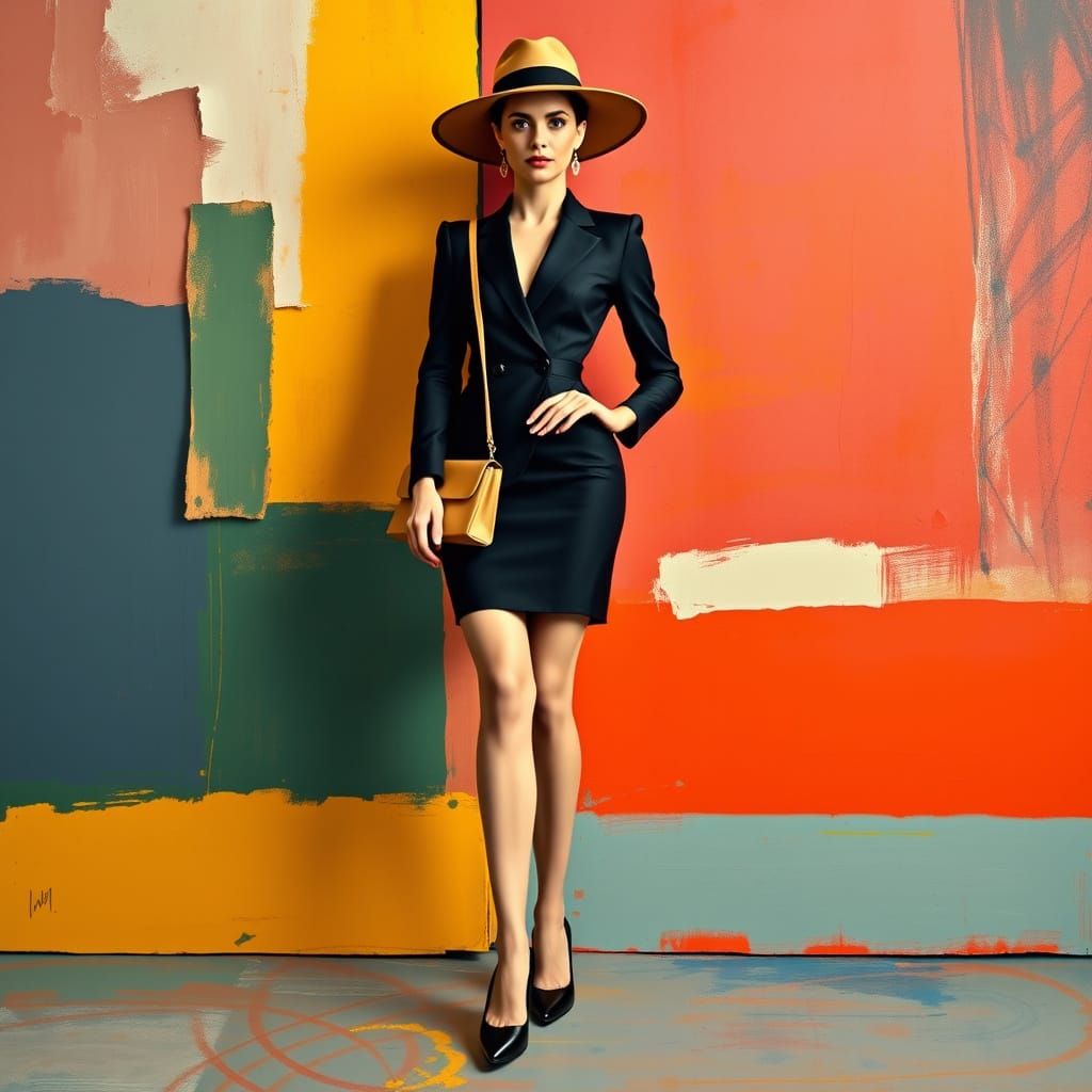 Elegant Woman in High-Fashion Attire with Abstract Backdrop