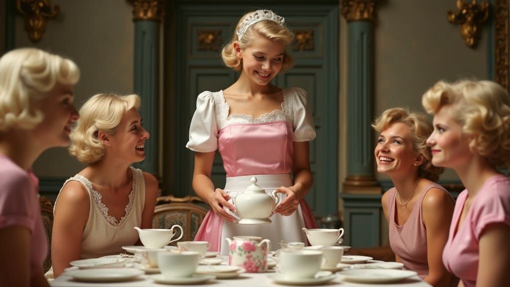 Sad Teenager at Tea Party in Satirical Style